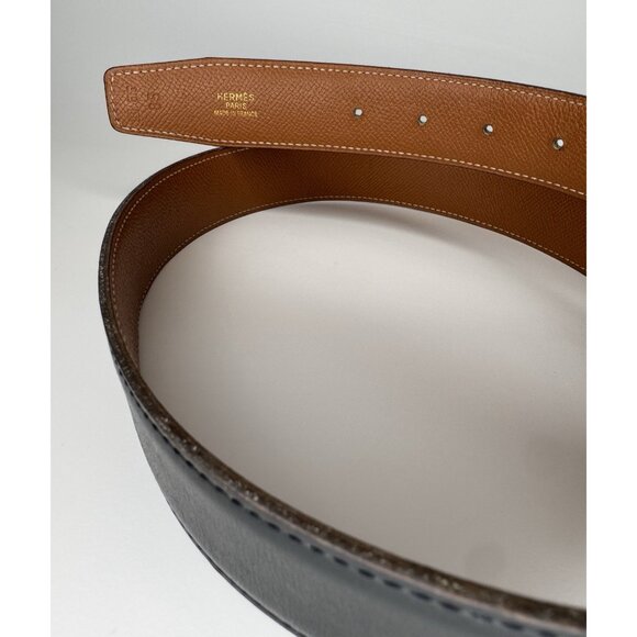 HERMES Gold H Reversible Black and Tan Leather Belt 85 Made in France - Picture 10 of 13